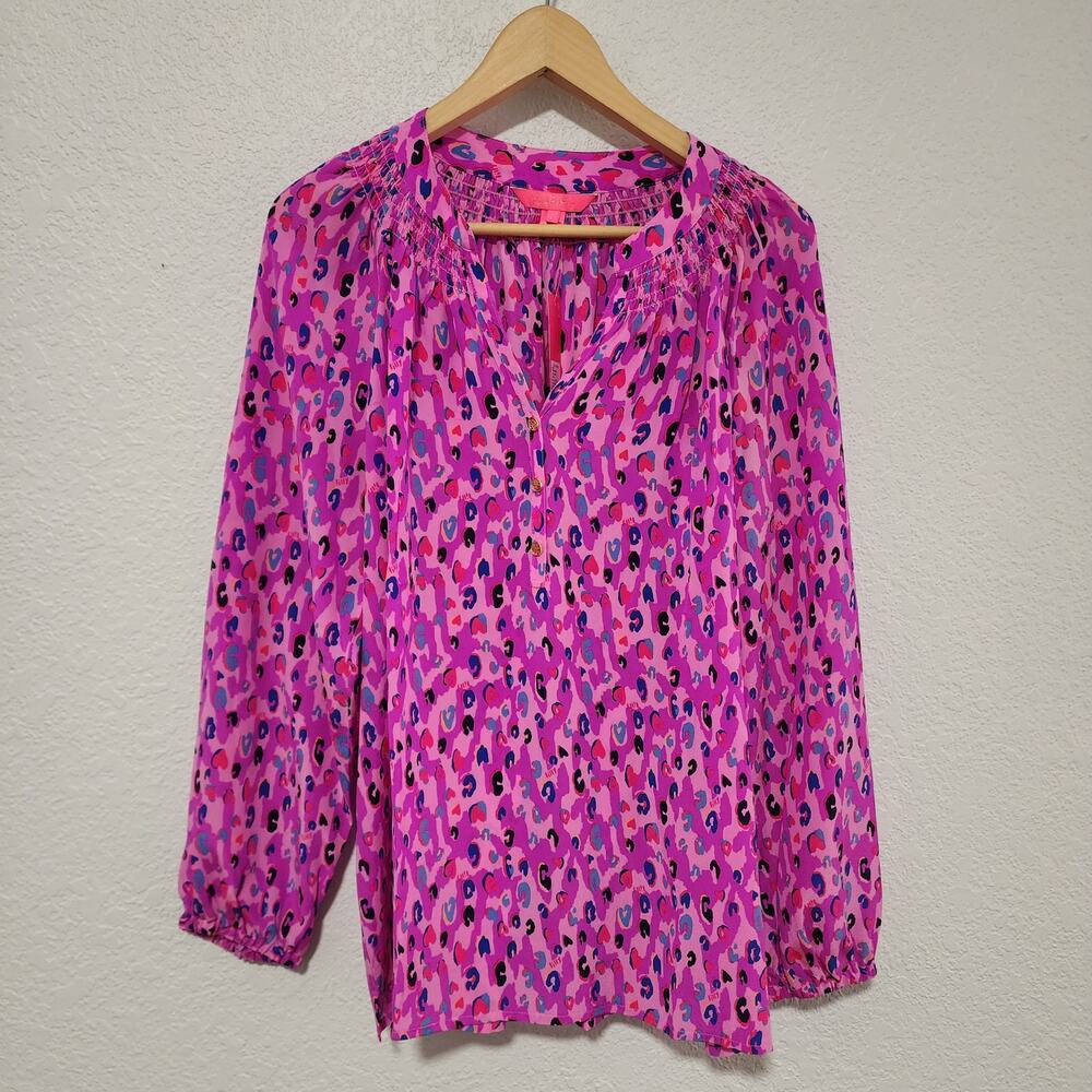 Lilly Pulitzer Pink Leopard Spot Print Elsa 100% Silk Top Large NWT Coastal